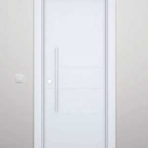 Puerta de entrada con dos lineas horizontales color blanco