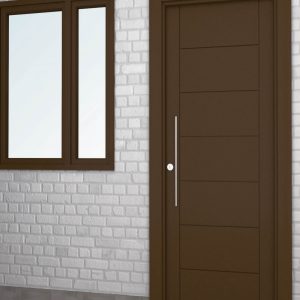 Puerta de entrada con 6 lineas horizontales y dos líneas verticales color marrón