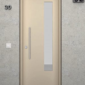 Puerta de entrada de aluminio con vidrio largo color marfil claro