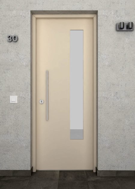 Puerta de entrada de aluminio con vidrio largo color marfil claro