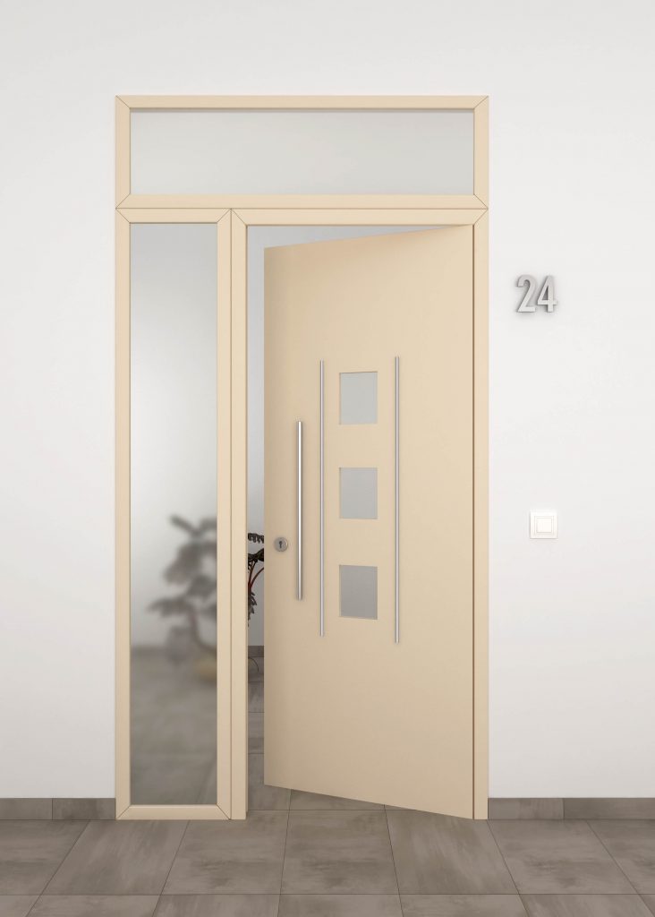 Puerta de entrada de aluminio con tres vidrios y fijos lateral y superior color marfil