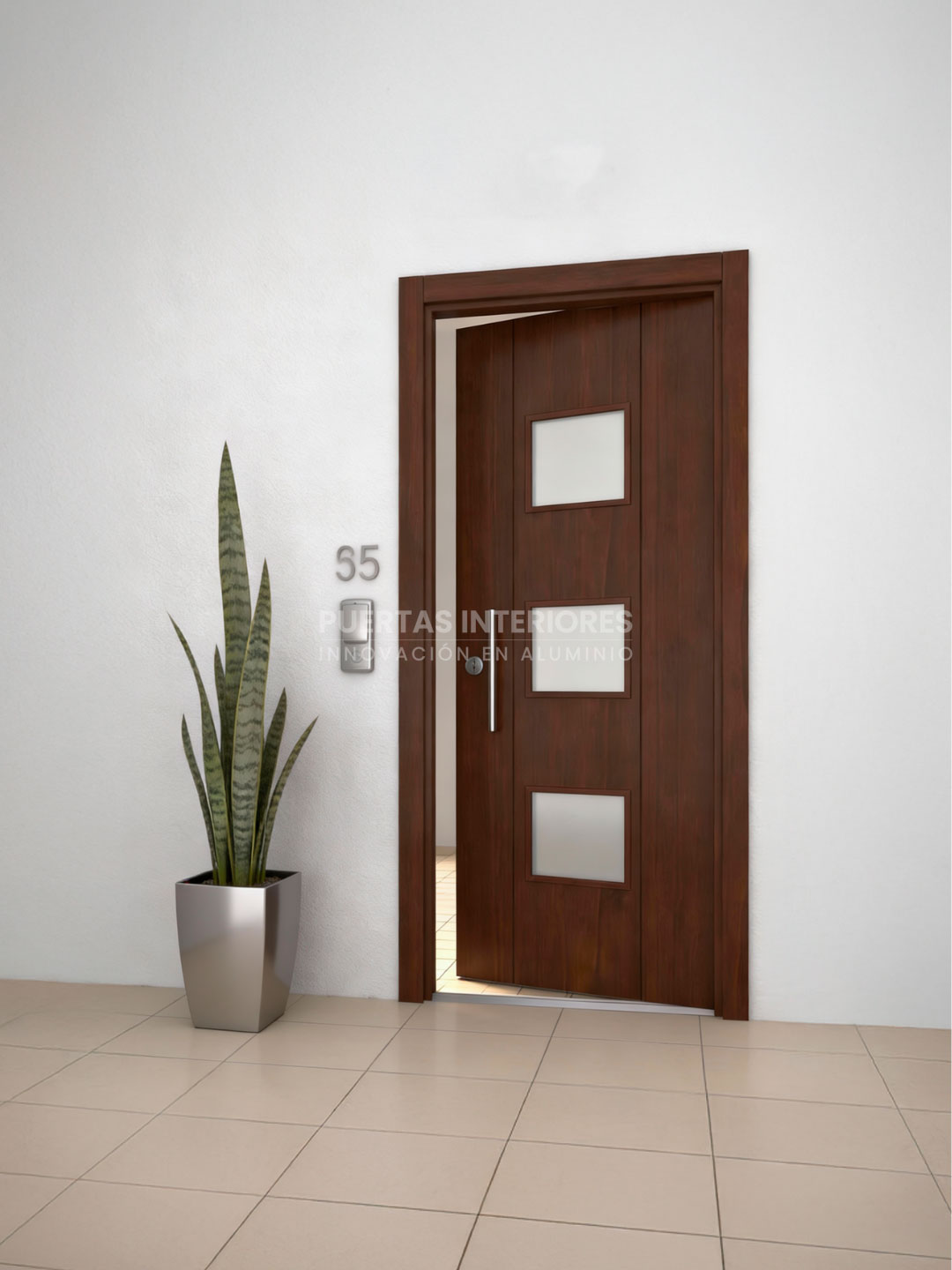 Renders portes d'entrada 2 - 600 3VA Puerta exterior con 3 vidrios y 2 lineas verticales fresadas - Imagen 1