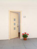 Puerta exterior con tres vidrios pequeños y dos lineas verticales cortas fresadas