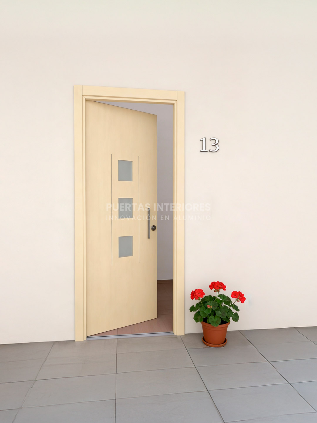 Renders portes d'entrada 2 - 600 3VE Puerta exterior con tres vidrios pequeños y dos lineas verticales cortas fresadas - Imagen 1