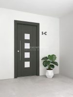 Puerta exterior con 4 vidrios pequeños y 2 lineas verticales fresadas