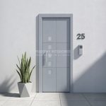 Puerta exterior de ALUMINIO con 5 vidrios pequeños y dos lineas fresadas