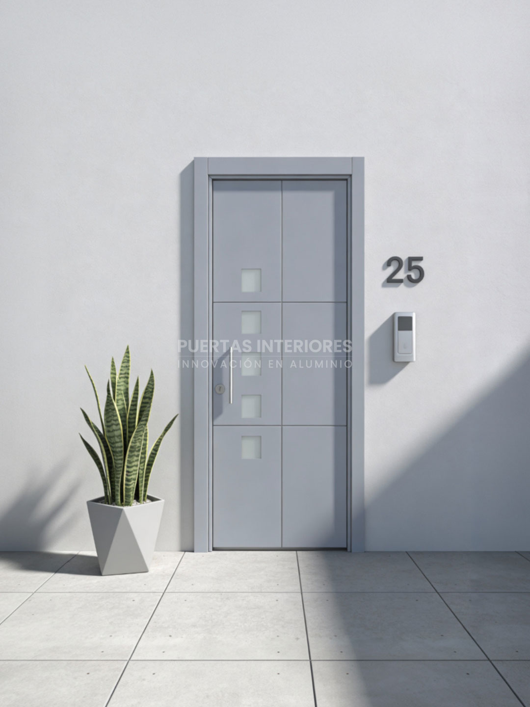 Renders portes d'entrada 2 - 600 5VE Puerta exterior de ALUMINIO con 5 vidrios pequeños y 2 lineas fresadas - Imagen 1