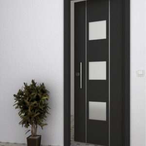 Puerta exterior con 3 vidrios y 2 lineas verticales fresadas o con incrustaciones de aluminio
