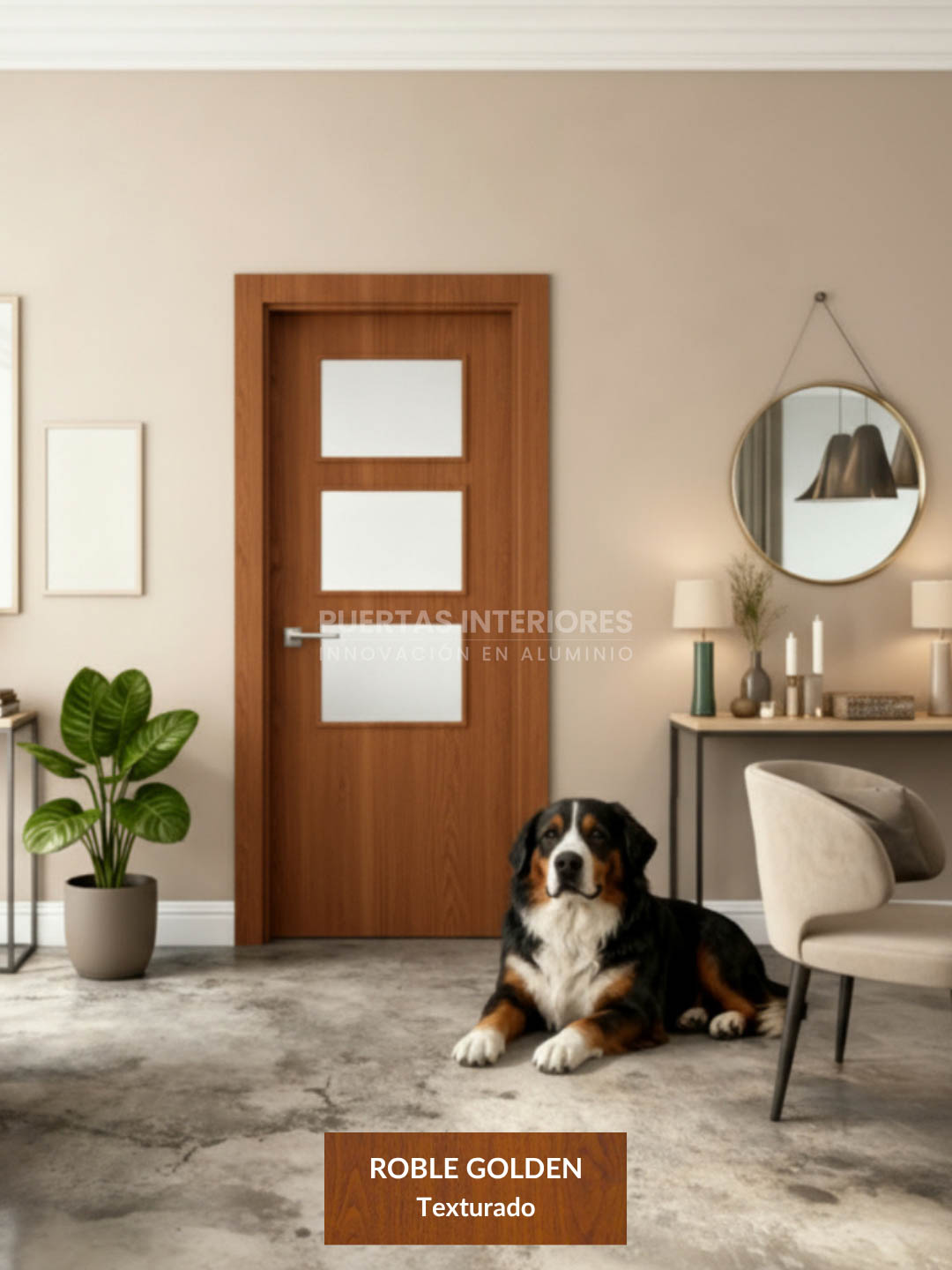 Puerta de interior de aluminio con vidrio en acabado roble golden
