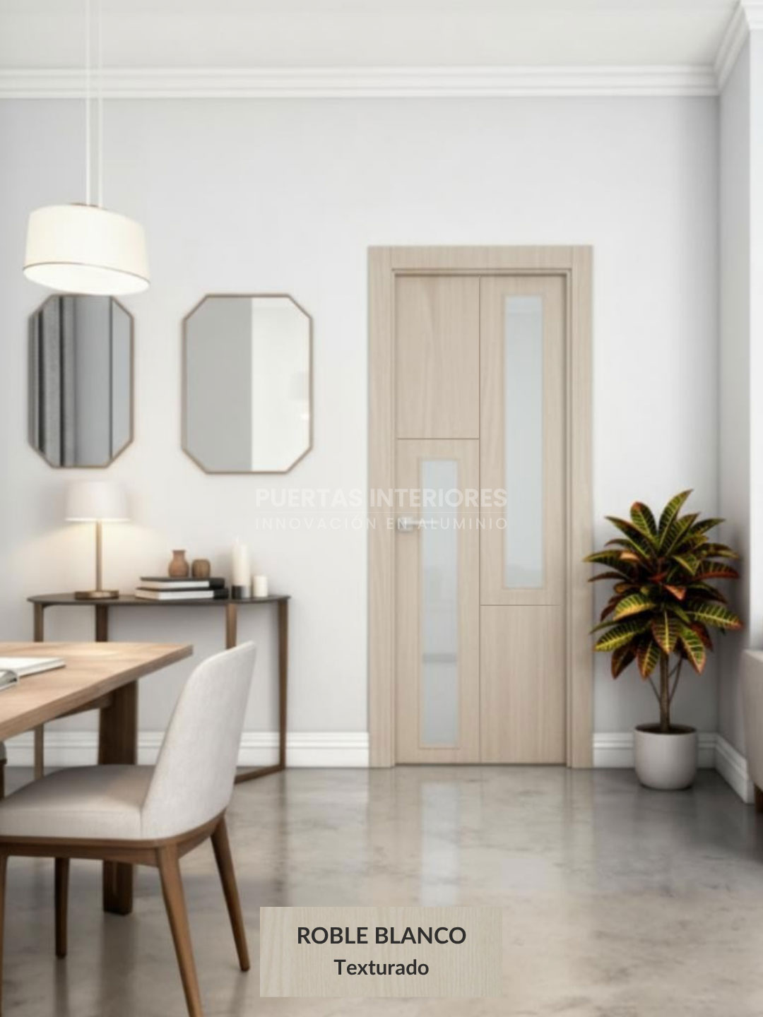 Puerta interior de aluminio roble blanco con dos vidrios verticales