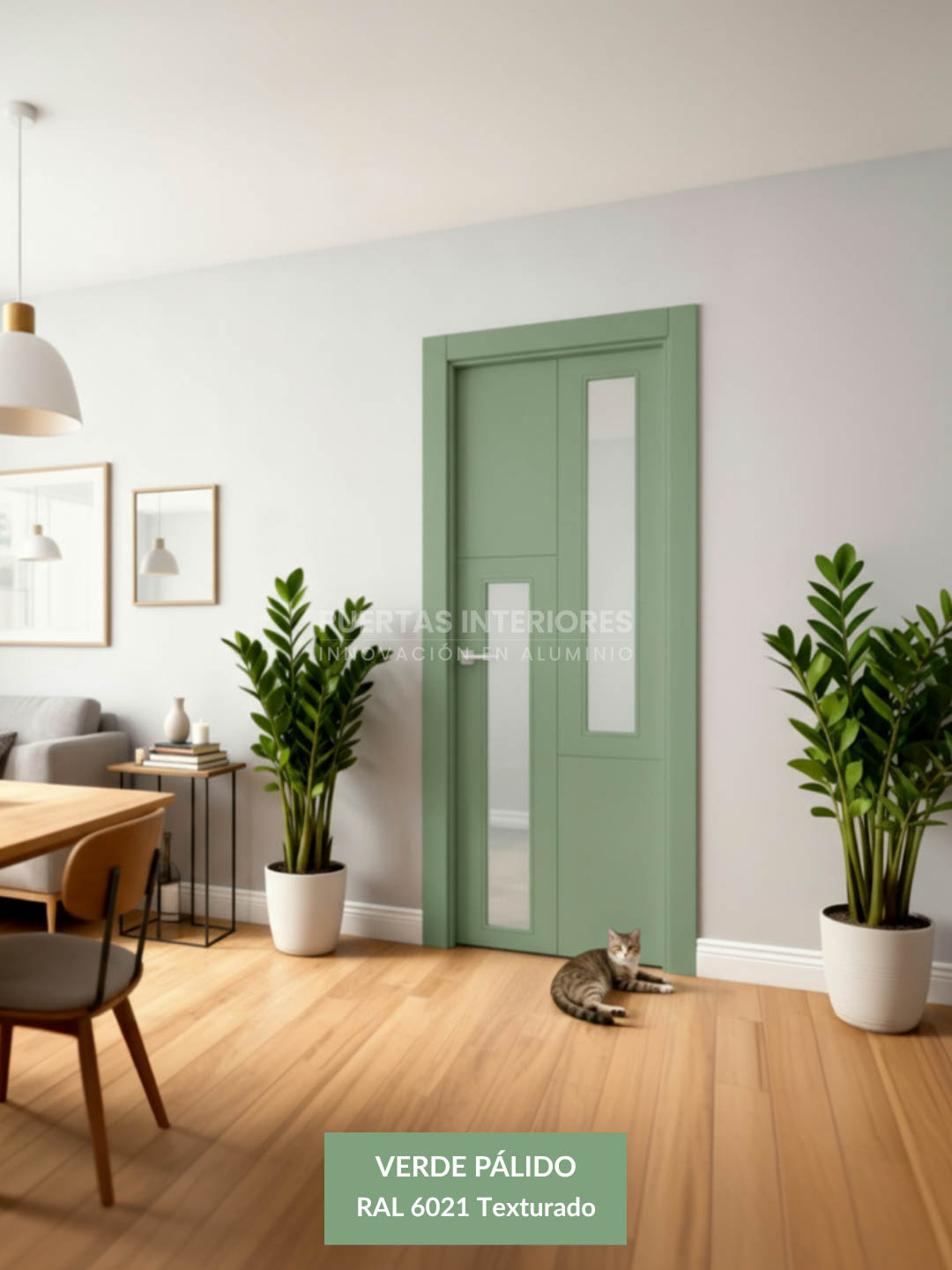 Puerta interior de aluminio verde pálido con dos vidrios