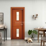 Puerta interior abatible de ALUMINIO fresada con 2 líneas horizontales y 2 vidrios verticales