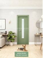 Puerta interior abatible de ALUMINIO fresada con 2 líneas verticales y 1 vidrio vertical