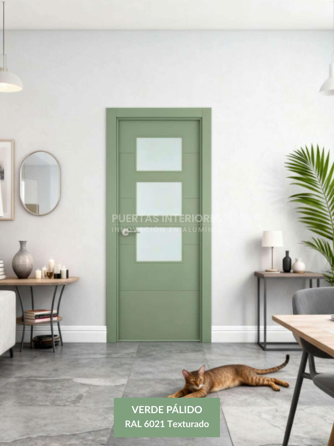 Puerta interior de aluminio con vidrio en color verde pálido