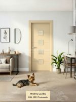 Puerta interior abatible de ALUMINIO fresada con 4 línias horizontales y 4 vidrios pequeños
