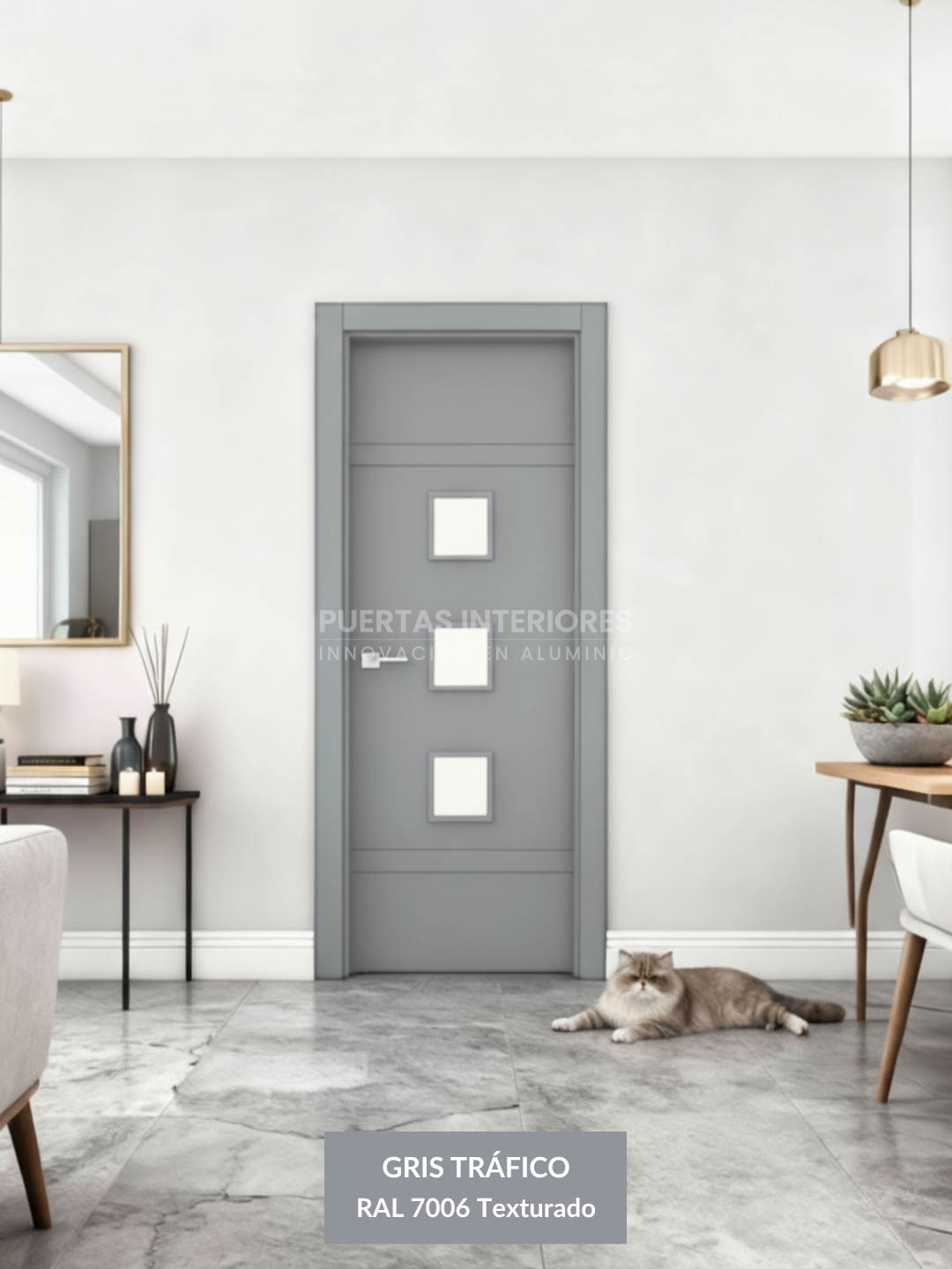 Renders portes - 200 4FH2_V Gris tráfico Puerta interior abatible de ALUMINIO fresada con 4 líneas horizontales y 3 vidrios pequeños - Imagen 1