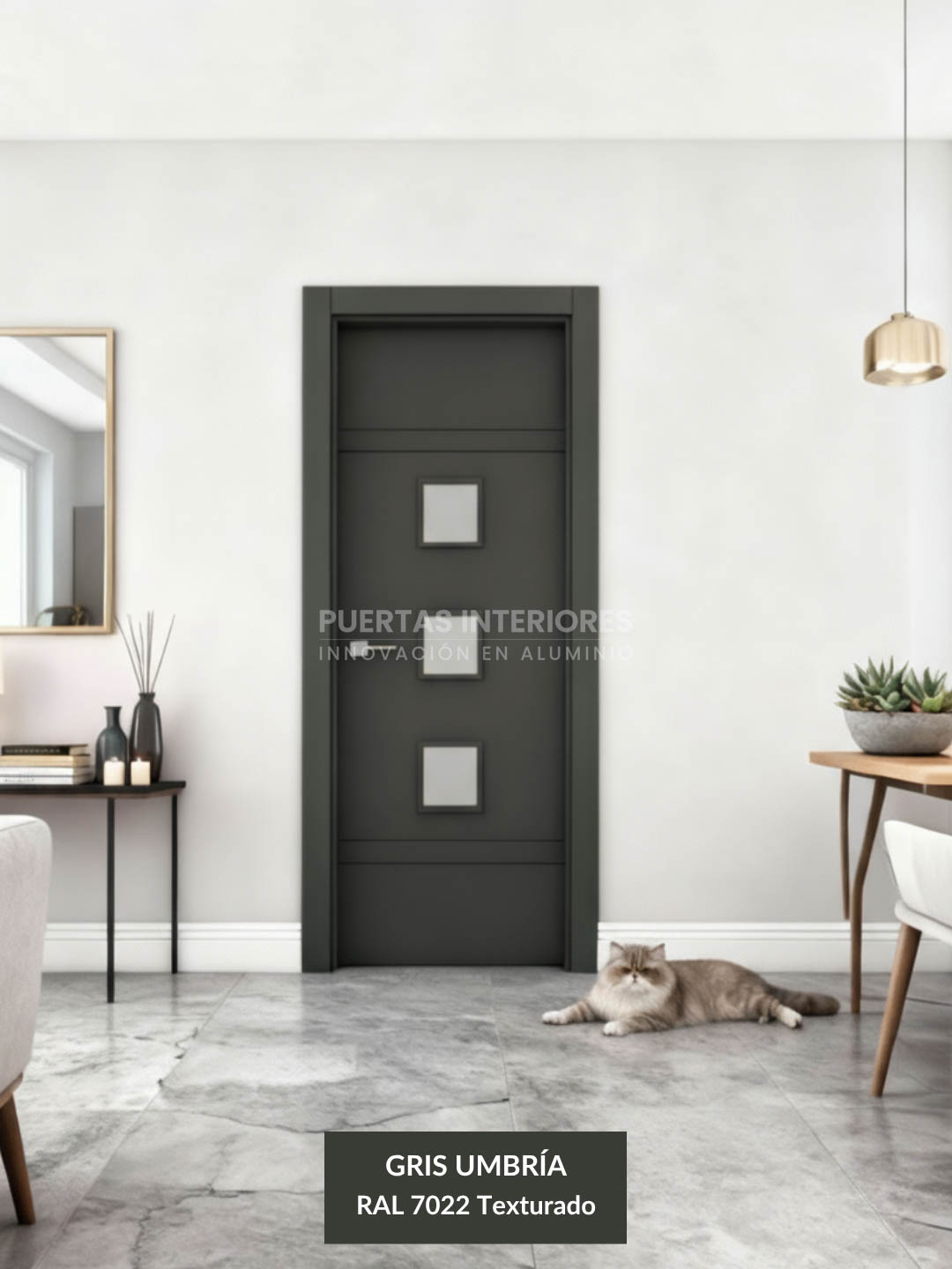 Puerta interior de aluminio gris umbría con cuatro rayas horizontales y tres vidrios