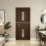 Puerta interior abatible de ALUMINIO con 2 líneas horizontales con aluminio color plata y 2 vidrios verticales