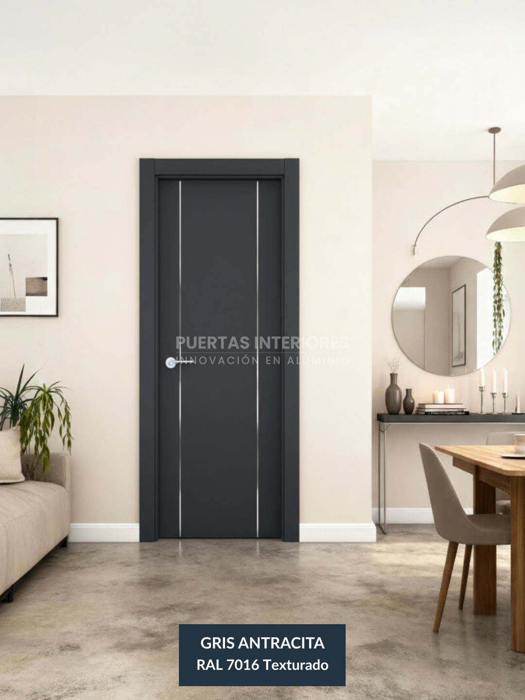Puerta interior de aluminio gris antracita con incrustaciones de aluminio
