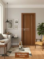 Puerta interior abatible de ALUMINIO con 2 línias verticales con aluminio color plata
