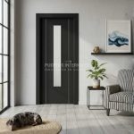 Puerta interior abatible de ALUMINIO con 2 líneas verticales con aluminio color plata y 1 vidrio vertical