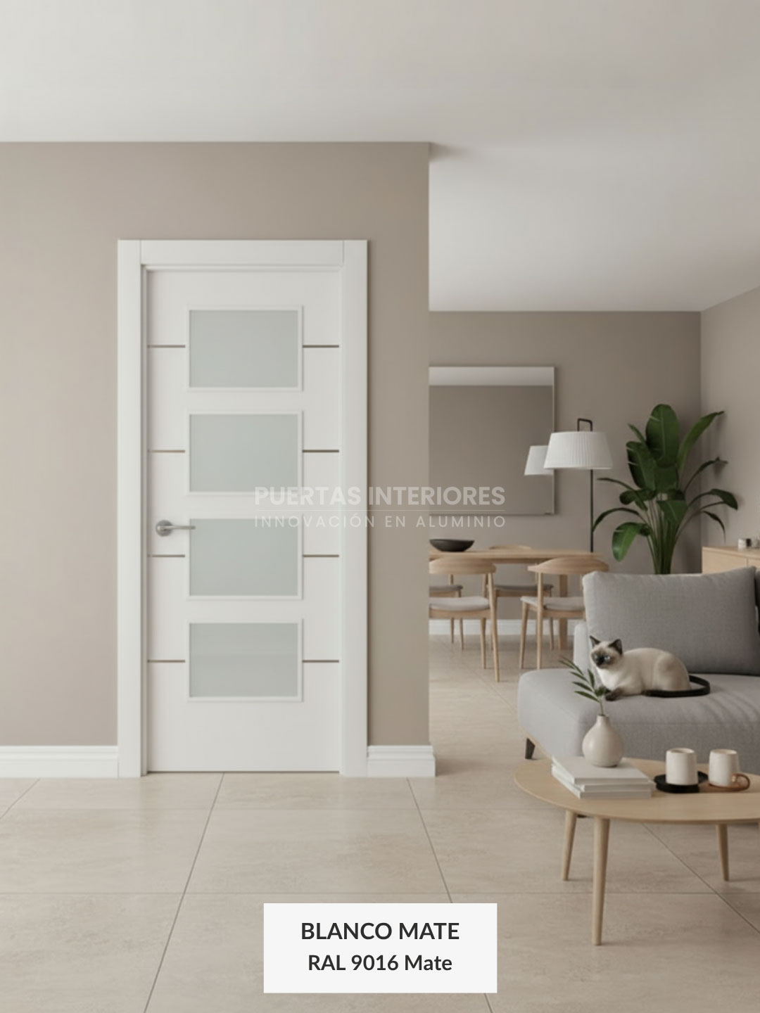 Reders portes 2 - 300 4IH1_V Blanco mate Puerta interior abatible de ALUMINIO con 4 líneas horizontales de aluminio color plata y 4 vidrios - Imagen 1